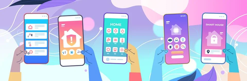 Human hands using mobile apps for smart house system control on smartphone Stock Illustration