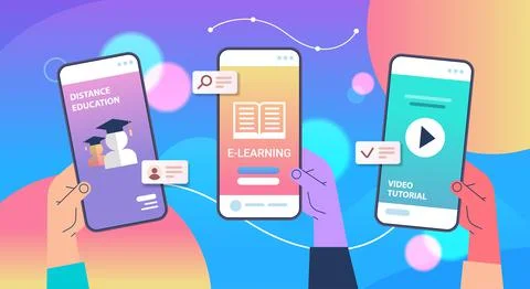 Human hands using mobile educational apps on smartphone screens online education Stock Illustration