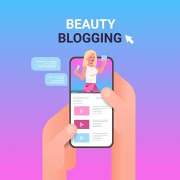 Human hands using smartphone with beauty blogger on screen woman showing late Stock Illustration