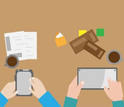 Human hands using smartphone with drinking coffee workplace desk background. Illustrazione stock