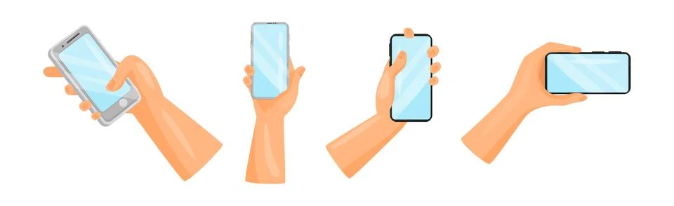 Human Hands Using Smartphone Holding Gadget with Touchscreen Vector Set Illustrazione stock