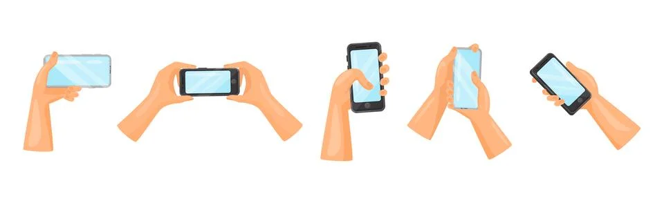 Human Hands Using Smartphone Holding Gadget with Touchscreen Vector Set Illustrazione stock