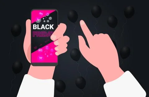 Human hands using smartphones buying online in mobile app black friday big sale Stock Illustration