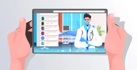 Human hands using tablet with male dotor on screen online consultation covid-19 Stock Illustration