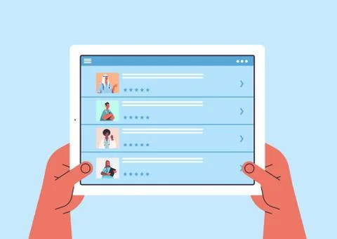 Human hands using tablet pc choosing doctor in mobile app online medical Stock Illustration