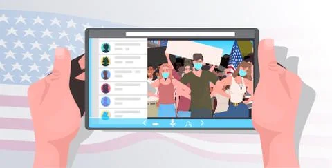 Human hands using tablet pc watching online video people in masks holding usa Illustrazione stock