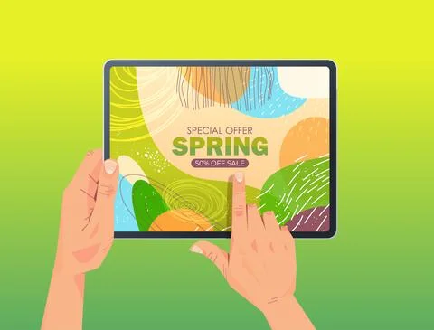Human hands using tablet pc with spring sale banner flyer or greeting card on Stock Illustration