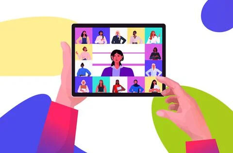 Human hands using tablet pc discussing with mix race businesswomen leaders Stock Illustration