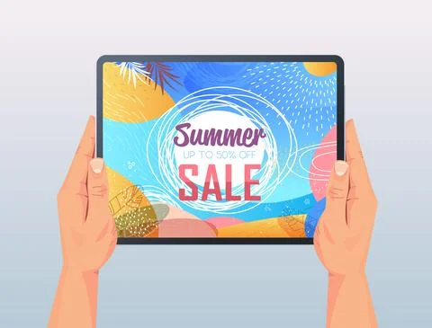 Human hands using tablet pc with summer sale banner flyer or greeting card on Stock Illustration