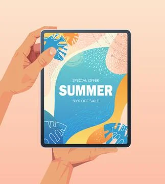 Human hands using tablet pc with summer sale banner flyer or greeting card on Illustrazione stock