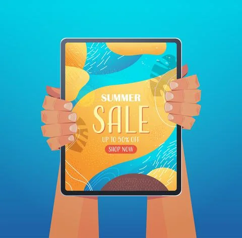Human hands using tablet pc with summer sale banner flyer or greeting card on Stock Illustration