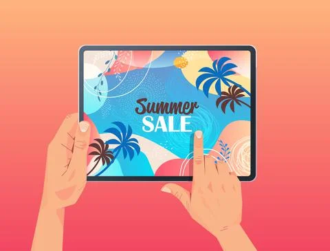Human hands using tablet pc with summer sale banner flyer or greeting card on Stock Illustration
