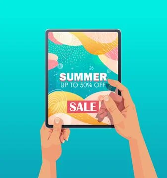Human hands using tablet pc with summer sale banner flyer or greeting card on Stock Illustration