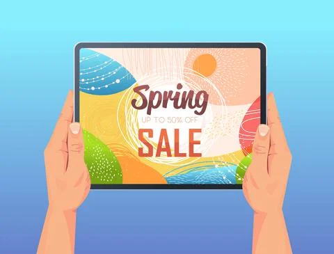Human hands using tablet pc with spring sale banner flyer or greeting card on Stock Illustration