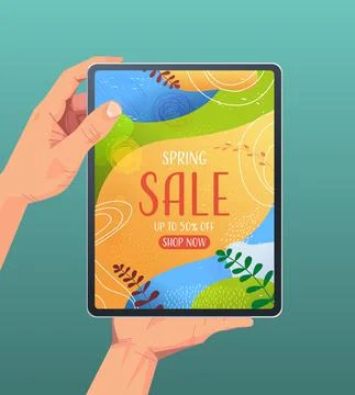 Human hands using tablet pc with spring sale banner flyer or greeting card on Stock Illustration