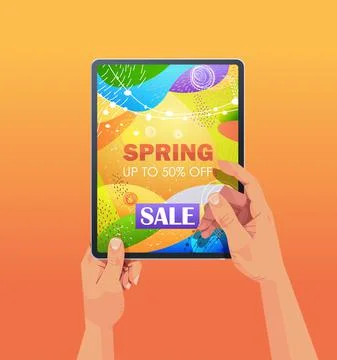 Human hands using tablet pc with spring sale banner flyer or greeting card on Stock Illustration