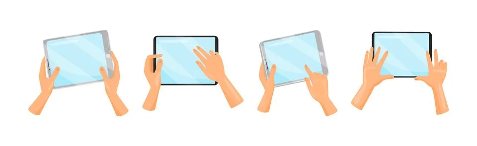 Human Hands Using Tablet PC Holding Gadget with Touchscreen Vector Set Illustrazione stock