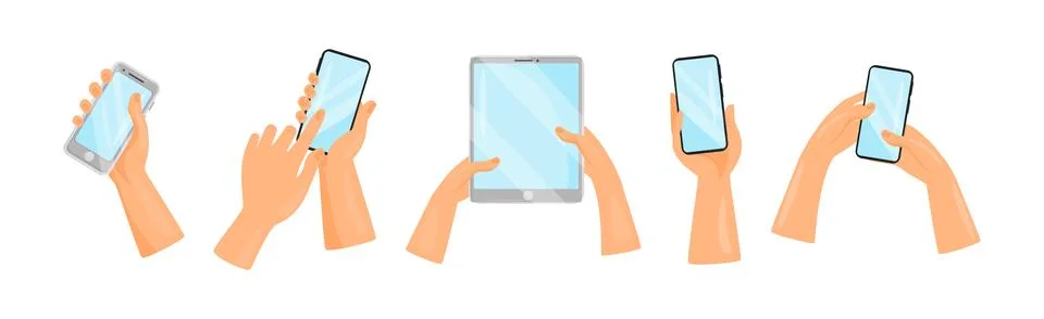Human Hands Using Tablet PC and Smartphone Holding Gadget with Touchscreen Illustrazione stock