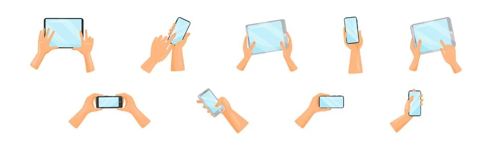 Human Hands Using Tablet PC and Smartphone Holding Gadget with Touchscreen Stock Illustration