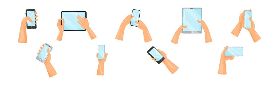 Human Hands Using Tablet PC and Smartphone Holding Gadget with Touchscreen Illustrazione stock
