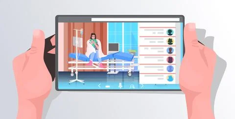 Human hands using tablet with sick woman patient on screen covid-19 pandemic Stock Illustration