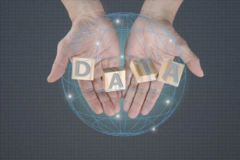 Human hands with virtual wire frame of a globe. 写真素材