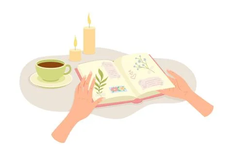 Human Hands Watching Open Diary or Notepad with Notes and Sticked Picture with Stock Illustration