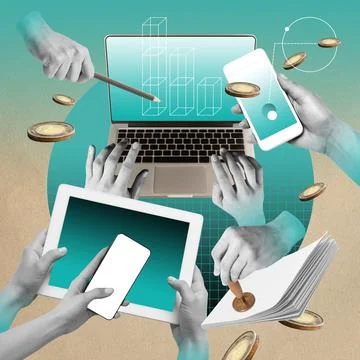 Human hands working with many gadgets, phone, laptop, tablets. Developing Stock Photos