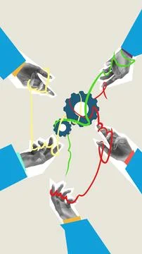 Human hands working together, fixing problems and mistakes in projects. teamwork Stock Illustration