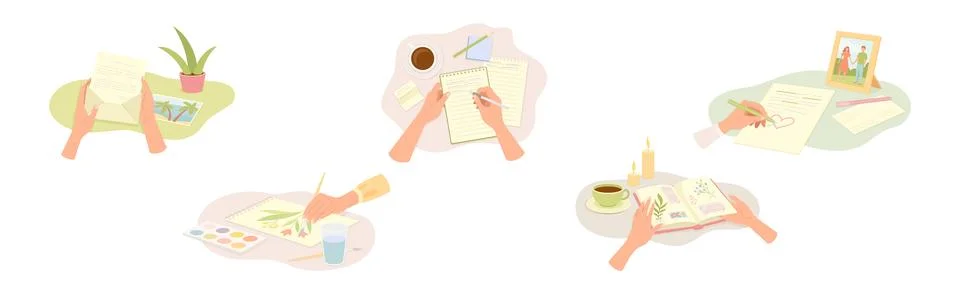 Human Hands Writing on Paper in Notepad and Diary Vector Illustration Set Illustrazione stock