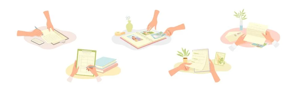 Human Hands Writing on Paper in Notepad and Diary Vector Illustration Set 스톡 일러스트