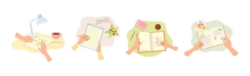 Human Hands Writing on Paper in Notepad and Diary Vector Illustration Set Illustrazione stock