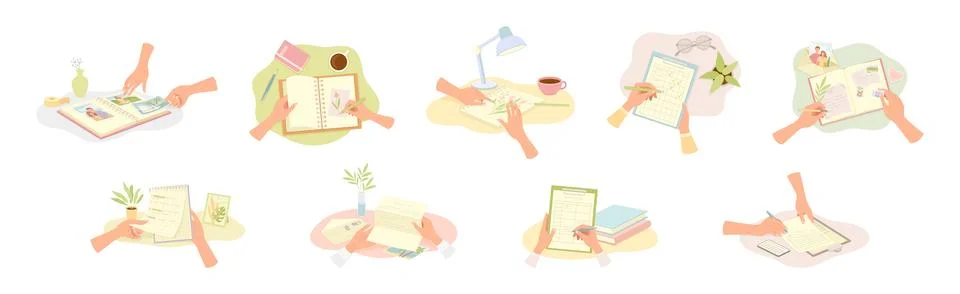 Human Hands Writing on Paper in Notepad and Diary Vector Illustration Set Stock Illustration
