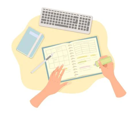 Human Hands Writing Something in Notepad with Pen and Highlighter Above View Ilustração Stock