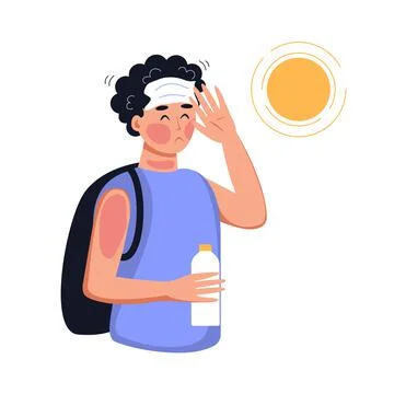 Human have heat stroke. Dehydration, sun overheating, hot summer concept. Red sk Stock Illustration