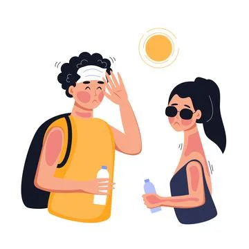 Human have heat stroke. Dehydration, sun overheating, hot summer concept. Red sk Stock Illustration
