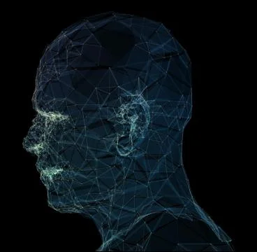 Human head with in 3d space network. Blue abstract futuristic medicine, science Illustrazione stock
