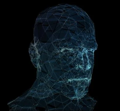 Human head with in 3d space network. Blue abstract futuristic medicine, science Stock Illustration