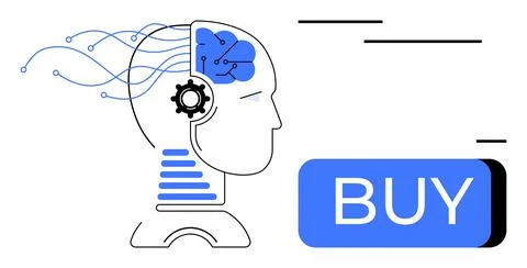 Human Head with AI Brain and Blue BUY Button Integration 库存插图