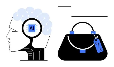 Human Head with AI Brain and Handbag with Price Tag Evoking Connection Betw.. Stock Illustration