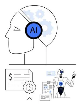 Human Head with AI Brain, Robot Pointing at Charts, Certificate with Ribbon.. Stock Illustration