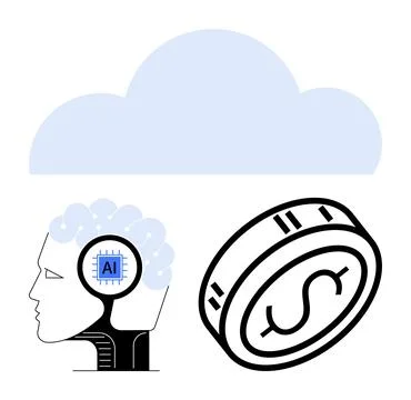 Human head with AI chip, dollar coin, and cloud. Ideal for technology, AI, fi Stock Illustration