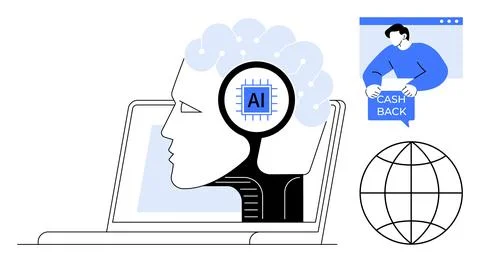 A human head with an AI chip inside is shown on a computer screen, with a per イラスト素材
