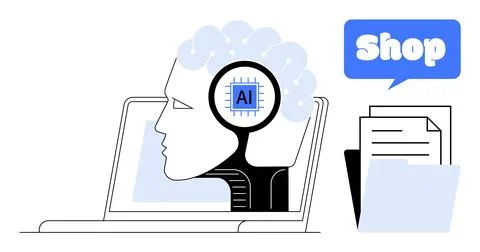 Human head with AI chip inside laptop, files and documents beside it, shop ic Stock Illustration