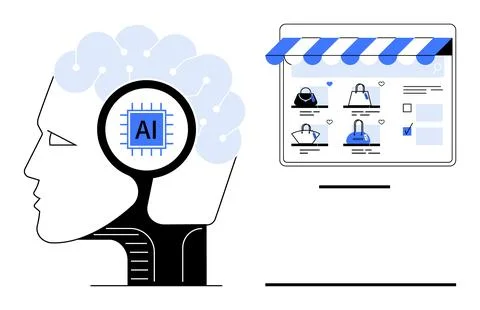 Human head with AI chip interacting with online store interface featuring var Stock Illustration