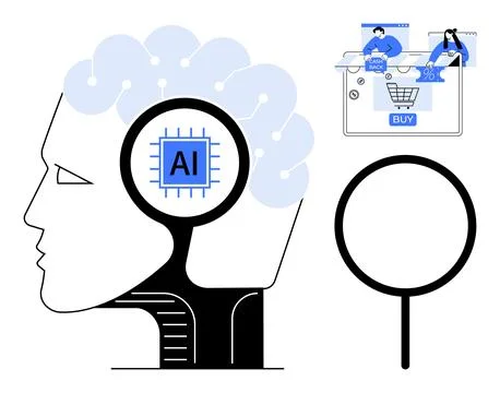 Human head with AI chip, magnifying glass, and online shopping interface. Ide Stockillustratie