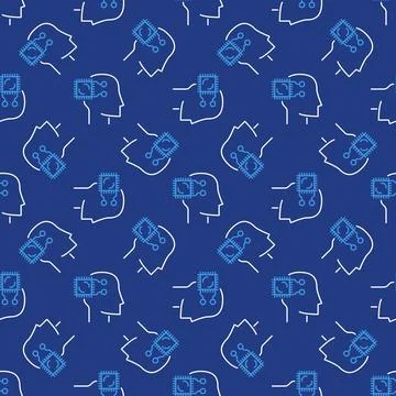 Human Head with AI Chip or CPU vector blue line seamless pattern Illustrazione stock