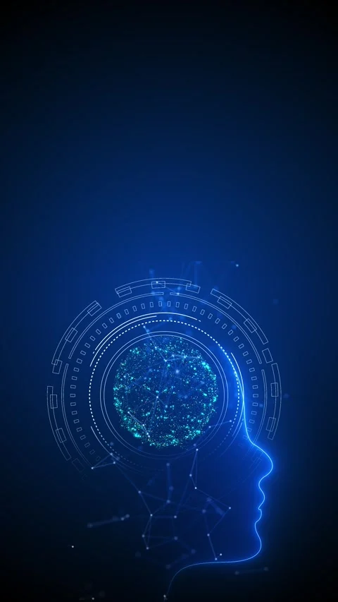 Human head AI concept digital brain sphere, circular interface marks, deep blue Stock Footage 340398987