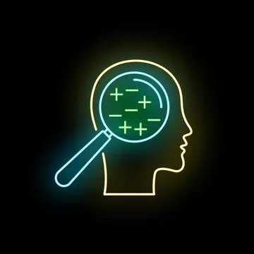 Human head analyzing positive and negative thoughts neon 스톡 일러스트
