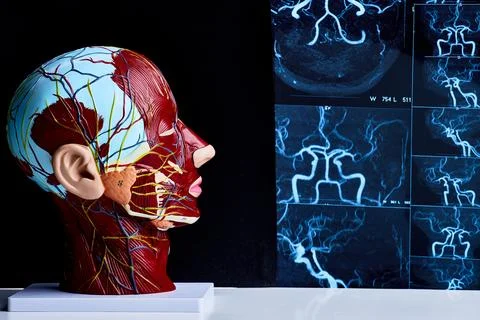Human head anatomical model with brain angiography scan in medical clinic. .. Stock Photos